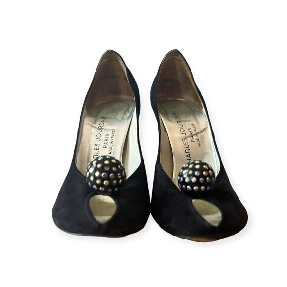 Vintage Charles Jourdan Black Suede Heel with Rhinestone Ball. Size 7 2A - Picture 4 of 15